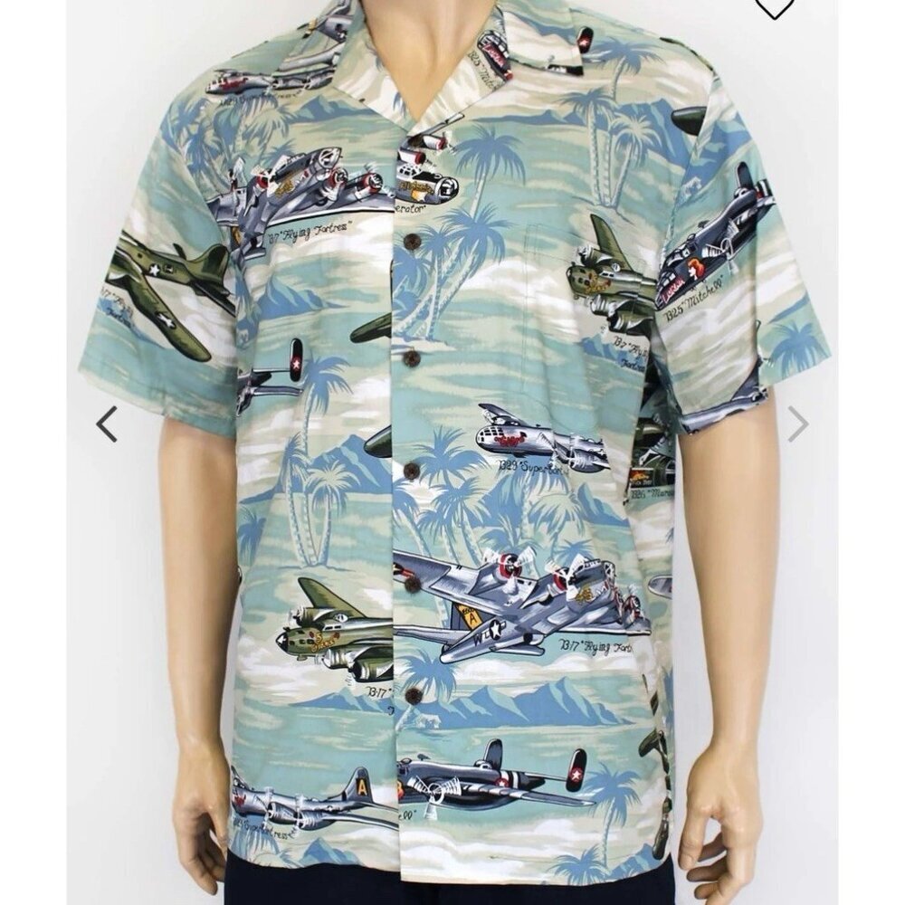 VTG Men’s Kalaheo Hawaiian B17 Flying Fortress Airplane Shirt Button Up Green L‎